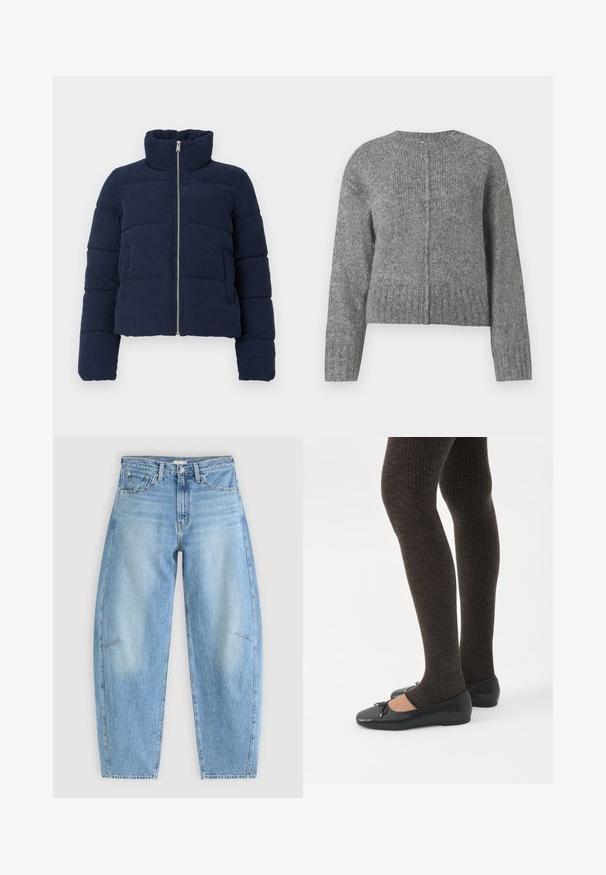 Mørkeblå fløjlspufferjakke med høj krave, fuld frontlynlås og lange ærmer, designet til koldt vejr.; Grå strikket sweater med lange ærmer og rund halsudskæring. Har et cropped design og lodret ribbet struktur. Ingen synlig hardware.; Lyseblå denimjeans med en afslappet pasform, der har høj talje, lige ben og diskrete syninger på frontlommen.; Ben iført mørke ribbede leggings kombineret med sorte balletsko med små sløjfedetaljer på hvid baggrund.