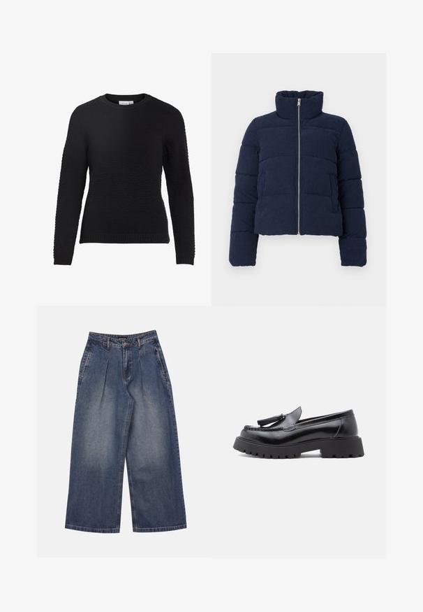 Tummansininen corduroy-puffer-takki, jossa on korkea kaulus, täysipituinen vetoketju ja pitkät hihat, suunniteltu kylmää säätä varten.; Mustat neulotut neuleet, joissa on teksturoitu kuvio, pyöreä kaula-aukko ja ribatut hihansuut sekä helma. Pitkät hihat ja tiukka malli.; Leveälahkeiset siniset farkut korkealla vyötäröllä, edessä laskokset, sivutaskut ja nappi-vetoketjusuljenta, aseteltuna tasaiselle valkoiselle taustalle.; Musta nahkainen loafer, jossa on kapeaksi kapeneva muotoilu, tupsukoriste ja paksu kumipohja, jossa on kitkaa parantava nastakuvio.
