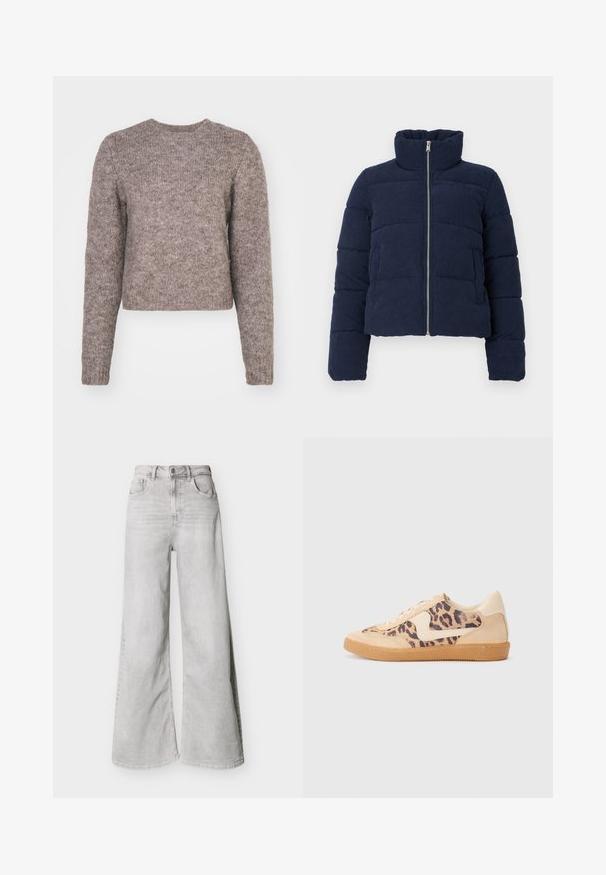 Mørkeblå fløjlspufferjakke med høj krave, fuld frontlynlås og lange ærmer, designet til koldt vejr.; Lys brun, cropped sweater med lange ærmer, rund halsudskæring og et struktureret strikstof. Ingen synlige mønstre eller hardwaredetaljer.; Lysegrå jeans med vid ben lavet af denim, med høj talje, forlommer og knaplukning. Glat tekstur med et diskret falmet look.; Leopardprint sneakers med beige ruskindsoverdel, tan gummisål og hvide detaljer. Rund pegefinger og snørebåndsdesign med en tekstureret finish.