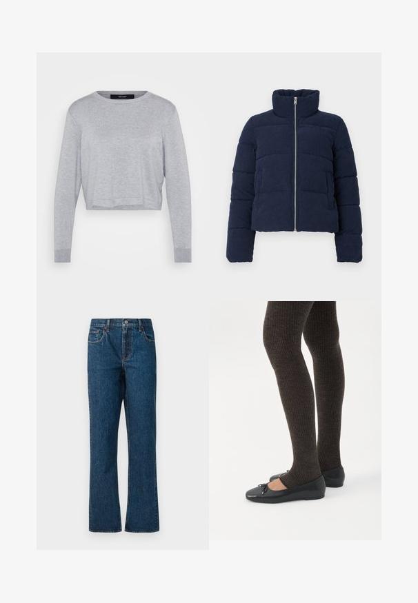 Chaqueta de puffer de pana azul marino con cuello alto, cremallera frontal completa y mangas largas, diseñada para el clima frío.; Suéter corto gris claro con cuello redondo, mangas largas, puños acanalados y un acabado suave y texturizado.; Vaqueros de mezclilla azul oscuro con un diseño de pierna recta, que cuenta con cinco bolsillos, una cintura de altura media y detalles de costura en contraste.; Piernas con leggings oscuros acanalados combinados con bailarinas negras que presentan pequeños detalles de lazo sobre un fondo blanco.