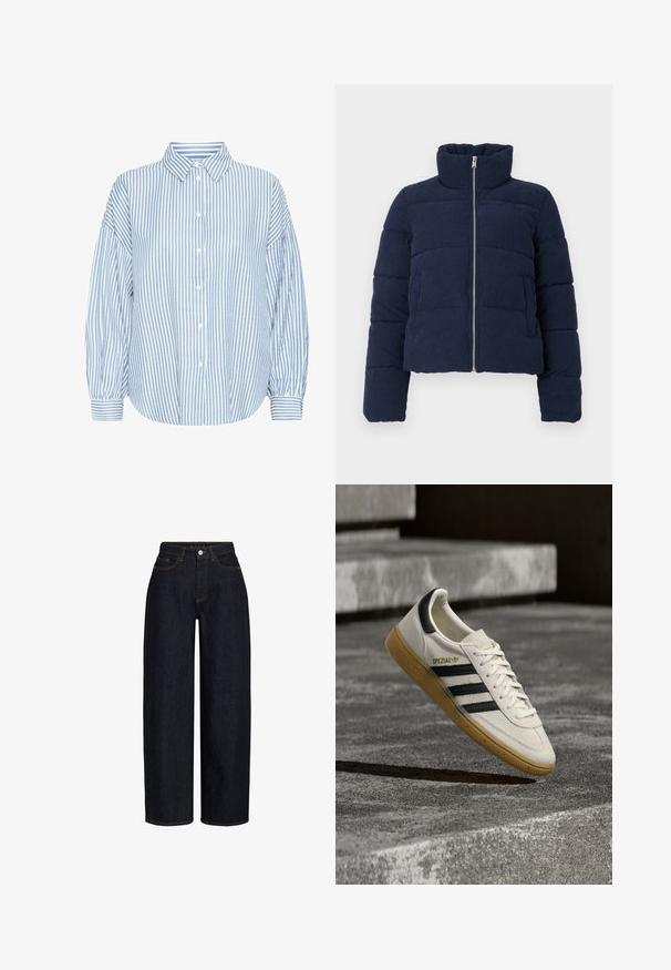 Marineblaues Corduroy-Puffermantel mit hohem Kragen, vollem Frontreißverschluss und langen Ärmeln, entworfen für kaltes Wetter.; Hellblau-weiße gestreifte Hemdbluse mit Kragen, lockerer Passform, luftigen Ärmeln und geknöpften Handgelenken. Aus leichtem Stoff gefertigt.; Dunkle Denim-Hosen mit weitem Bein und hoher Taille, ausgestattet mit vorderen Taschen, einem Reißverschluss und kontrastierenden Nähten. Glatte Textur.; Weißer Adidas Spezial Sneaker mit schwarzen Streifen und Kautschuksohle, der über grauen Steinstufen im Freien schwebt.