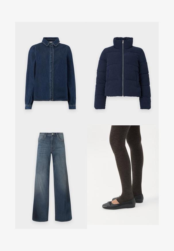Chaqueta de puffer de pana azul marino con cuello alto, cremallera frontal completa y mangas largas, diseñada para el clima frío.; Camisa de mezclilla azul oscura con un cuello clásico, botones en la parte delantera y mangas largas con puños con frunces. Presenta costuras en contraste en todo su diseño.; Vaqueros de pierna ancha en azul oscuro, con un acabado desgastado, cierre de botón y estilo de cinco bolsillos. Textura suave, detalles de costura mínimos.; Piernas con leggings oscuros acanalados combinados con bailarinas negras que presentan pequeños detalles de lazo sobre un fondo blanco.