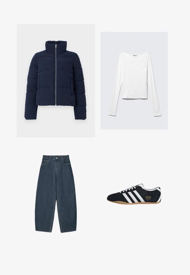 Marineblaues Corduroy-Puffermantel mit hohem Kragen, vollem Frontreißverschluss und langen Ärmeln, entworfen für kaltes Wetter.; Weißes Langarmoberteil mit einem Überlappungsdesign und einer Tasche. Hergestellt aus einem glatten, elastischen Material. In einem lässigen, entspannten Schnitt.; Dunkelblaue Denim-Hosenträger mit weitem Bein und hoher Taille, ausgestattet mit fünf Taschen und sichtbaren Nähdetails. Sauberes, minimalistisches Design.; Schwarze Wildledersneaker mit drei weißen Streifen, goldenem Logo und brauner Gummisohle. Merkmale ein niedrigprofiliertes Schnürdesign.