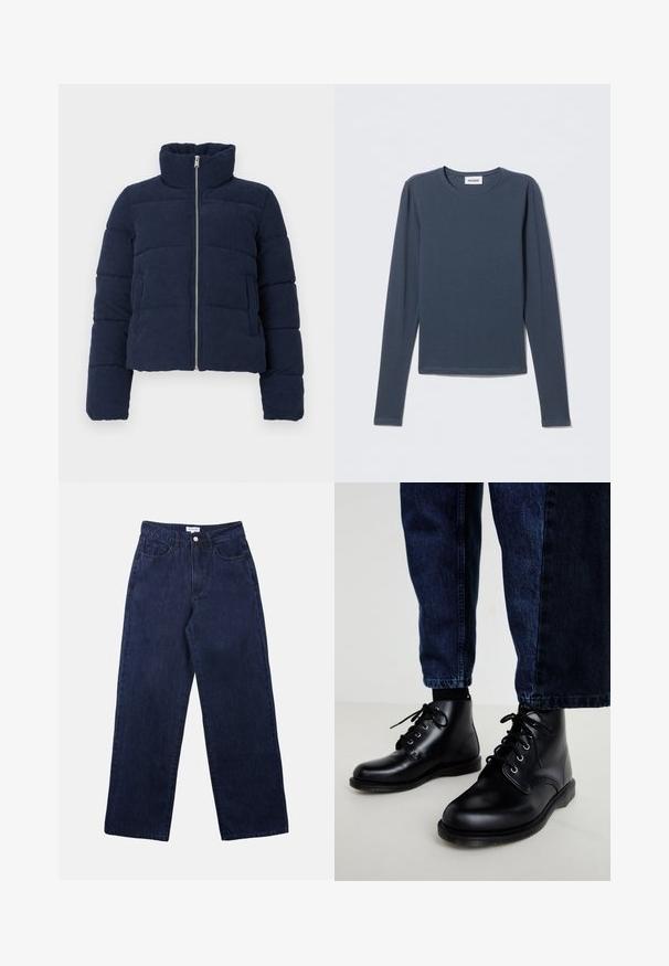 Marineblauwe corduroy pufferjack met hoge kraag, volledige rits aan de voorkant en lange mouwen, ontworpen voor koud weer.; Langarmshirt in marineblauw, gemaakt van zacht katoen. Heeft een ronde halslijn en een eenvoudig, basic ontwerp zonder patronen of accenten.; Donkerblauwe denim broek met een recht been ontwerp, voorzien van een knoopsluiting aan de voorkant, riemlussen en twee voorkokers.; Zwarte leren enkellaarzen met ronde neuzen, een vetersluiting, zilveren veteroogjes en getextureerde zolen, gecombineerd met donkerblauwe spijkerbroeken.