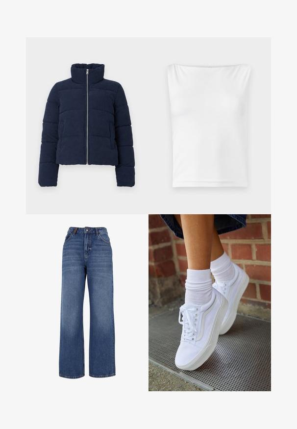 Chaqueta de puffer de pana azul marino con cuello alto, cremallera frontal completa y mangas largas, diseñada para el clima frío.; Top blanco sin mangas con escote recto, hecho de una tela suave, que presenta una silueta ajustada y sin hardware ni patrones visibles.; Pantalones vaqueros de pierna ancha hechos de tejido de algodón azul de peso medio. Presentan un diseño clásico de cinco bolsillos y una cremallera con cierre de botón.; Zapatillas de lona blancas con suelas de goma, que presentan seis ojales, puntera redonda y detalles de costura ligera, combinadas con calcetines blancos hasta el tobillo.