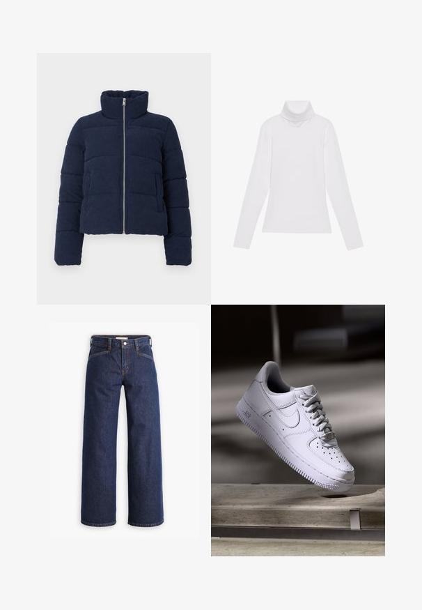 Mørkeblå fløjlspufferjakke med høj krave, fuld frontlynlås og lange ærmer, designet til koldt vejr.; Hvid langærmet turtle-neck top lavet af glat, strækbart stof. Har en høj krave og tætsiddende design, uden synlige mønstre eller udsmykninger.; Mørkeblå denim jeans med høj talje, bred benklipp og diskret orange syninger. Har knap- og lynlåslukning foran.; Hvid Nike Air Force 1 sneaker svævende over en betonoverflade med skygger i et minimalistisk miljø.