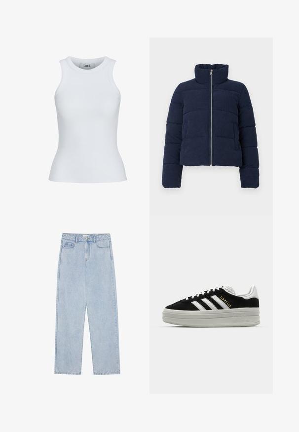 Marineblaues Corduroy-Puffermantel mit hohem Kragen, vollem Frontreißverschluss und langen Ärmeln, entworfen für kaltes Wetter.; Weißes, geripptes Tanktop mit runder Ausschnittform und ärmellosem Design. Hat eine Slim-Fit-Passform und eine weiche Textur, ideal zum Lagenlook.; Helles blau, hoch taillierte Denim-Jeans mit geradem Bein, fünf Taschen und sichtbaren Nähten. Material hat eine klassische Waschtextur.; Schwarze Wildleder-Sneaker mit weißen Lederakzenten, drei weißen Streifen, flachen Schnürsenkeln und einer dicken grauen Plateausohle. Goldenes "Gazelle"-Branding.