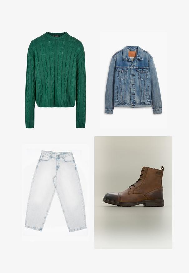 Chaqueta de mezclilla azul clara con un diseño clásico, cierre de botones, dos bolsillos en el pecho y un parche de cuero de la marca en el cuello.; Suéter verde de punto trenzado con cuello redondo y mangas largas. Presenta un diseño corto y un patrón texturizado en toda la prenda.; Vaqueros de mezclilla lavada clara con cintura alta, piernas anchas y rectas, cierre de botones y cremallera, y bolsillos delanteros y traseros.; Bota de cuero marrón con cordones hasta el tobillo, puntera negra, suela redonda y detalle de marca en el lateral sobre un fondo liso.