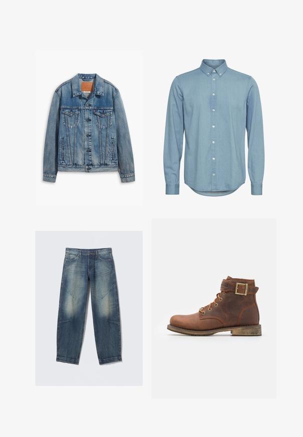 Lyseblå denimjakke med klassisk design, knaplukning, to brystlommer og en lædermærke ved kraven.; Lyseblå denimskjorte med knap-ned krave, lange ærmer og buet kant. Har forkant med hvide knapper.; Lyseblå denimjeans med løs pasform, med falmede pletter, frontlommer og diagonale sømdetaljer. Design med lige ben.; Harley Davidson VNTGMOTO SHORT RIDING APPROVED - Cowboy- / bikerstøvlette - brown