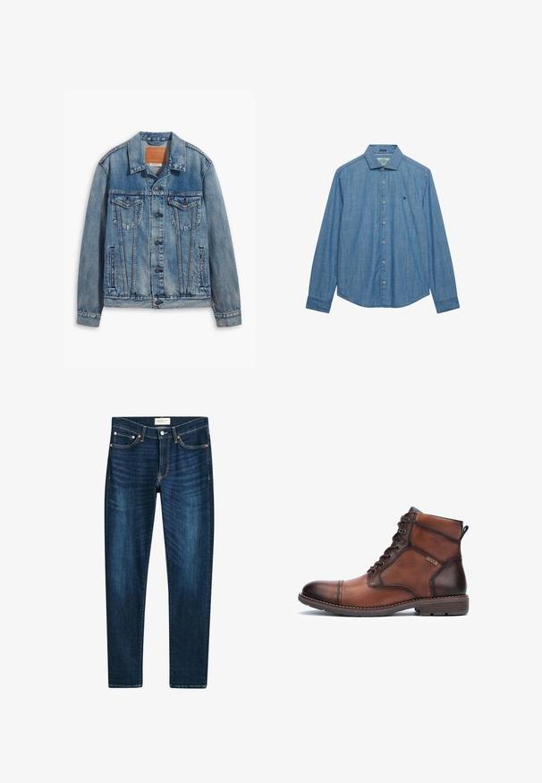Lyseblå denimjakke med klassisk design, knaplukning, to brystlommer og en lædermærke ved kraven.; Blå chambray skjorte med lange ærmer, krave, syv knapper foran og lille broderet logo på venstre bryst.; Mørkeblå jeans lavet af denim, med en lige ben-design, fem lommer, kobberfarvede nitter og subtilt farvetone på stoffet.; Brune læder- og stof herreankelstøvle med snørebånd, syningsdetaljer, lav hæl og brandlogo på siden.
