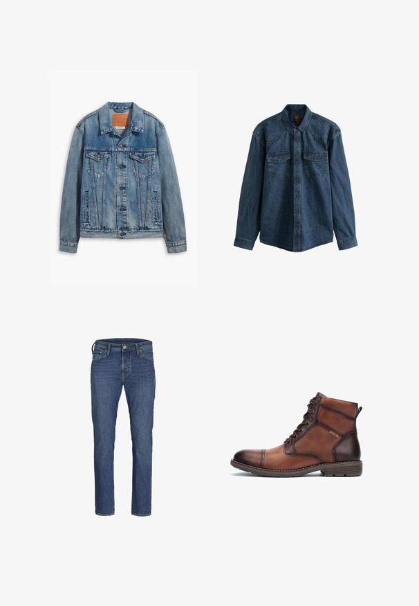 Lyseblå denimjakke med klassisk design, knaplukning, to brystlommer og en lædermærke ved kraven.; Langærmet mørkeblå cowboyskjorte med knapper foran, spids krave og to brystlommer med klapper og knapper.; Herre blå denim jeans med lige ben-design, fem lommers styling og klassisk knap- og lynlåslukning.; Brune læder- og stof herreankelstøvle med snørebånd, syningsdetaljer, lav hæl og brandlogo på siden.