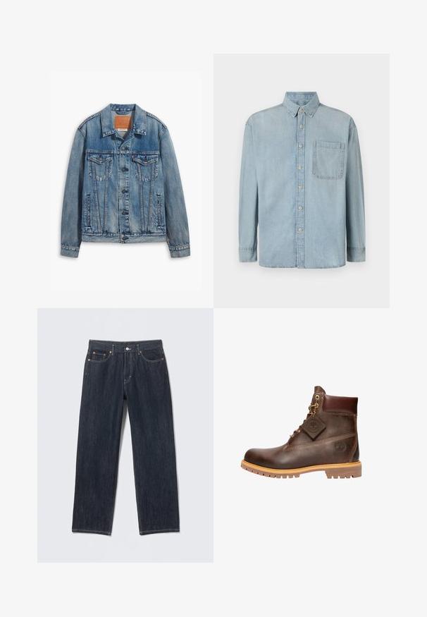 Lyseblå denimjakke med klassisk design, knaplukning, to brystlommer og en lædermærke ved kraven.; Lyseblå denimskjorte med lange ærmer, knaplukning foran og en enkelt brystlomme. Har en klassisk krave og standard manchetter.; Mørkeblå denimjeans med en lige pasform, bæltestropper, for- og baglommer samt kontrasterende syninger. Ingen synlige mønstre eller pynt.; Brun læder ankelstøvle med rund tå, solid sål, hardware i guldtone og en tekstureret overdel. Inkluderer et logo-tagfæstet.