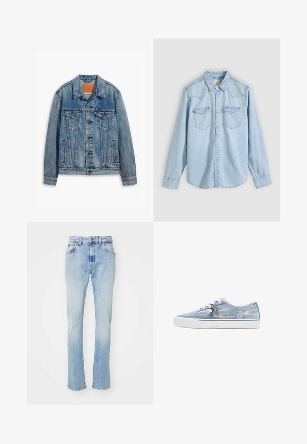 Lyseblå denimjakke med klassisk design, knaplukning, to brystlommer og en lædermærke ved kraven.; Lyseblå denimskjorte med lange ærmer, knapper foran, to brystlommer med knapflap og spids krave på ensfarvet baggrund.; Lyseblå denim jeans med lige pasform, der har fem lommer, knaplukning og subtil falming ved lårene og kanten.; Lavtopet sneaker i lyseblåt denim med hvid gummisål, hvide snørebånd og dekorative charms, der hænger fra de sideplacerede snørehuller.