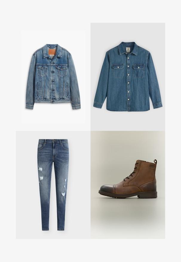 Lyseblå denimjakke med klassisk design, knaplukning, to brystlommer og en lædermærke ved kraven.; Blå denimskjorte med lange ærmer, knappet front, to brystlommer og krave. Har syningsdetaljer og en afslappet pasform.; Smaltsiddende blå denimjeans med slidte detaljer, flere revner og en falmet vask. Har fem-lomme-design og bæltestropper.; Brun læderstøvle med snørebånd, sort tåhætte, rund sål og mærket detalje på siden mod ensfarvet baggrund.