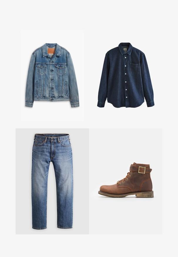 Lyseblå denimjakke med klassisk design, knaplukning, to brystlommer og en lædermærke ved kraven.; Mørkeblå denim skjorte med lange ærmer, knapper foran, krave og en enkelt brystlomme, vist mod hvid baggrund.; Stumpe ben blå denim jeans med en knap- og lynlåslukning, fem lommer og orange syninger på en lys grå baggrund.; Harley Davidson VNTGMOTO SHORT RIDING APPROVED - Cowboy- / bikerstøvlette - brown