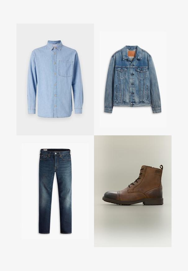 Chaqueta de mezclilla azul clara con un diseño clásico, cierre de botones, dos bolsillos en el pecho y un parche de cuero de la marca en el cuello.; Camisa de mezclilla azul claro con cuello abotonado, mangas largas y un bolsillo en el pecho. Presenta acentos de botones marrones y costuras en contraste.; Jeans de mezclilla azul oscuro con un diseño de pierna recta, cinco bolsillos y accesorios de hardware en cobre. Las áreas desteñidas en las piernas proporcionan un contraste de textura.; Bota de cuero marrón con cordones hasta el tobillo, puntera negra, suela redonda y detalle de marca en el lateral sobre un fondo liso.