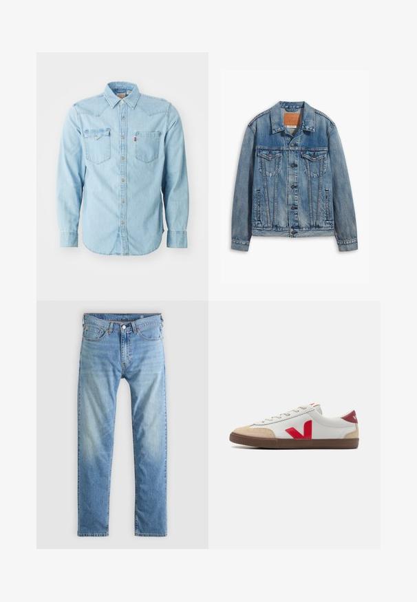 Lyseblå denimjakke med klassisk design, knaplukning, to brystlommer og en lædermærke ved kraven.; Lys blå denim skjorte med lange ærmer, spids krave, to brystlommer, sølvnapsknapper og kontrastsyninger. Glat tekstur.; Lyseblå denimjeans med lige ben, orange syninger, fem lommer og knaplukning.; Hvide lædersneakers med rød V-logo, beige ruskind toe cap og brun gummisål. Har klassisk snørelukning og polstret krave.