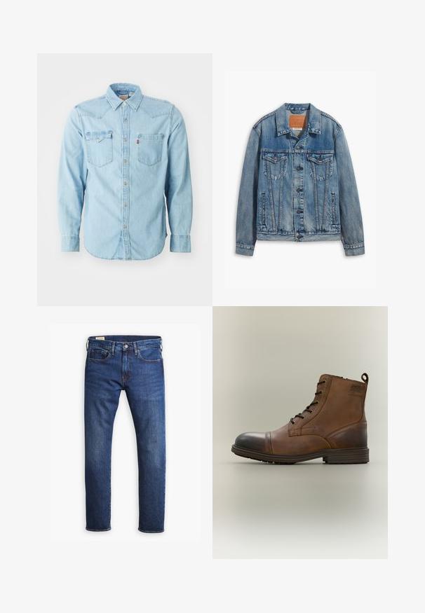 Veste en denim bleu clair au design classique, avec fermeture à boutons, deux poches poitrine et un patch en cuir de la marque au col.; Chemise en denim bleu clair à manches longues avec un col pointu, deux poches poitrine, des boutons-pression argentés et des coutures contrastées. Texture lisse.; Un jean en denim bleu avec une coupe droite, comportant cinq poches, une fermeture à bouton et une fermeture éclair, ainsi qu'un surpiquage doré contrastant.; Botte cheville en cuir marron à lacets avec bout noir, semelle ronde et détail de marque sur le côté sur fond uni.