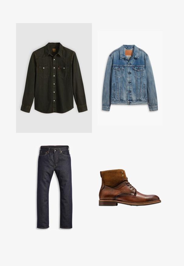 Lyseblå denimjakke med klassisk design, knaplukning, to brystlommer og en lædermærke ved kraven.; Langærmet sort denimskjorte med spids krave, to brystlommer, sølvknapper og gule syninger. Klassisk western-design.; Mørkeblå denimjeans med lige snit, fem-lomme design, metalbeslag og kontrasterende orange syninger. Glat tekstur, ingen synlige mønstre.; Kazar ALID - Snørestøvletter - brown