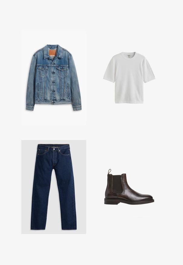 Lyseblå denimjakke med klassisk design, knaplukning, to brystlommer og en lædermærke ved kraven.; Hvid kortærmet T-shirt med rund halsudskæring, vist mod en hvid baggrund.; Mørkeblå lige ben denim jeans med frontknap, bæltesløjfer og fem-lomme design lagt fladt på en lys baggrund.; Brune læder Chelsea støvle med elastiske sidepaneler, løkke til at trække op med, og en lav stablet hæl. Glat tekstur og slank silhuet.