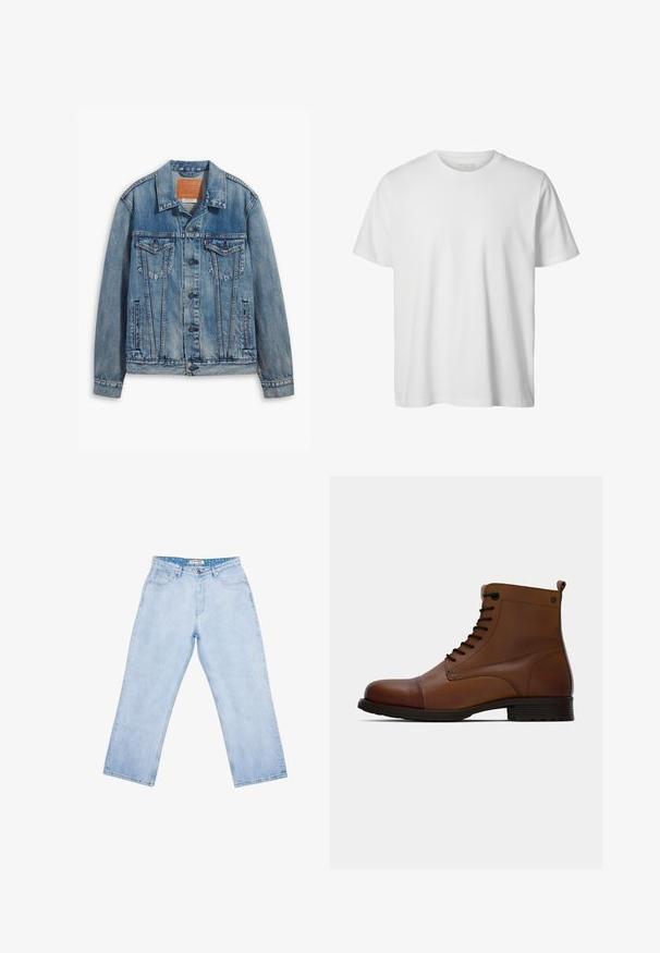 Svetlomodrá denimová bunda s klasickým dizajnom, gombíkovým zapínaním, dvoma náprsními vreckami a koženým logom značky na golieri.; Jednoduché biele tričko s krátkym rukávom a okrúhlym výstrihom, voľného strihu, bez viditeľných log alebo vzorov na prednej strane.; Svetlomodré rifle s vysokým pásom a rovnými nohavicami, predné vrecká, pútka na opasok, zapínanie na gombík a značková vnútorná etiketa v páse.; Jack & Jones JFWSHAUN BOOT - Členkové šnurovacie čižmy - cognac