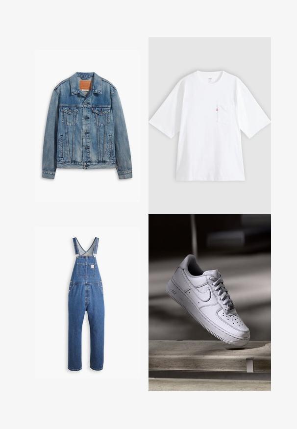 Lyseblå denimjakke med klassisk design, knaplukning, to brystlommer og en lædermærke ved kraven.; Hvid bomulds-T-shirt med korte ærmer, rund hals og lomme på venstre bryst. Har en lille rød logoetiket på lommen.; Denim overalls i mellemblå, med justerbare stropper, en frontlomme og metalbeslag, i en afslappet pasform og lige ben-design.; Hvid læder Nike Air Force 1 sneaker med perforeret tå, flade snørebånd og tekstureret gummisål med "AIR" branding på siden.