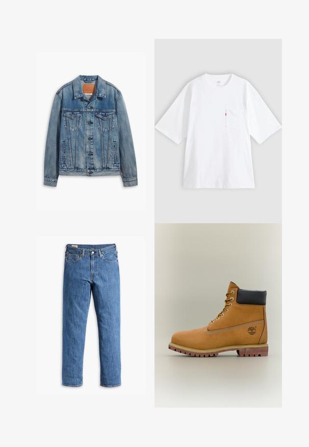 Veste en denim bleu clair au design classique, avec fermeture à boutons, deux poches poitrine et un patch en cuir de la marque au col.; T-shirt en coton blanc à manches courtes, col rond et poche poitrine gauche. Comprend une petite étiquette logo rouge sur la poche.; Jean en denim bleu avec une coupe droite, rivets en cuivre et design à cinq poches. Dispose d'un ourlet cousu et d'une taille classique avec passants de ceinture.; Bottine en cuir marron avec col noir, lacets jaunes et semelle beige. Présente un logo et des détails de couture blanche. Semelle extérieure à traction robuste.