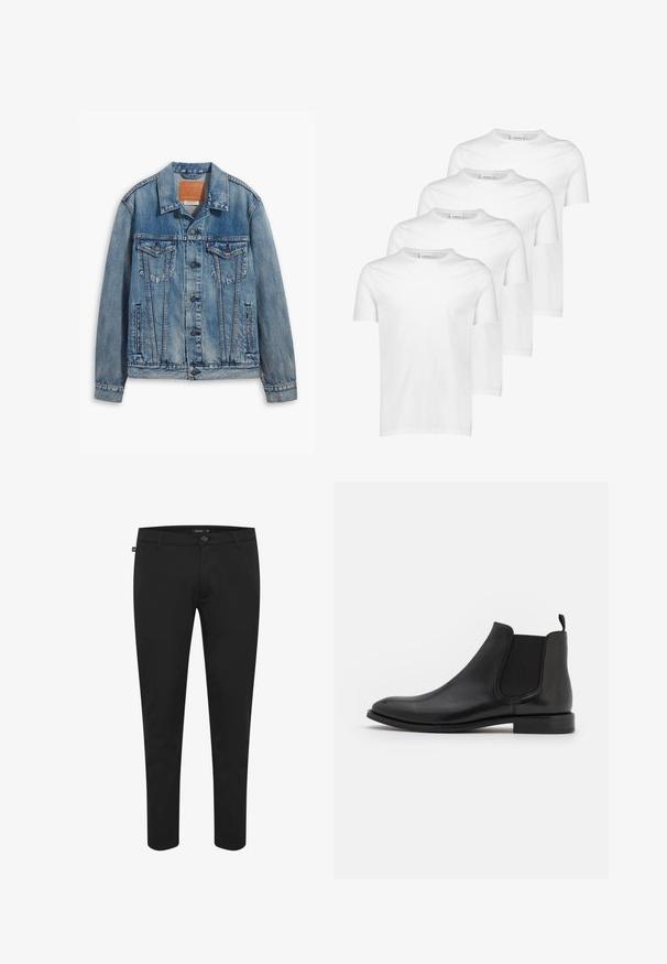Veste en denim bleu clair au design classique, avec fermeture à boutons, deux poches poitrine et un patch en cuir de la marque au col.; T-shirts en coton blanc, à manches courtes, col rond, texture lisse, quatre pièces empilées avec un design uniforme et sans motifs ni accents.; Pantalon noir en tissu lisse. Dispose d'une fermeture à bouton, de passants de ceinture, et d'une coupe slim avec des jambes fuselées. Pas de motifs visibles.; Bottine Chelsea en cuir noir avec des panneaux latéraux élastiques, un bout arrondi et un petit talon. Texture lisse avec un design minimaliste.