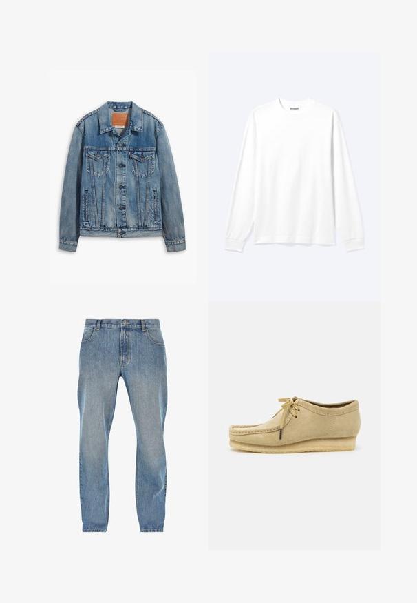 Lyseblå denimjakke med klassisk design, knaplukning, to brystlommer og en lædermærke ved kraven.; Langærmet plain hvid skjorte med rund hals og ribkantede manchetter, vist på en neutral lys baggrund.; Lysblå denimjeans med lige pasform, der har et klassisk fem-lomme design og en frontlukning med knap. Fadede teksturer overalt.; Beige suedestøvle med snørebåndsdesign, syede detaljer og gummisål. Formen er afslappet med en let hæl.