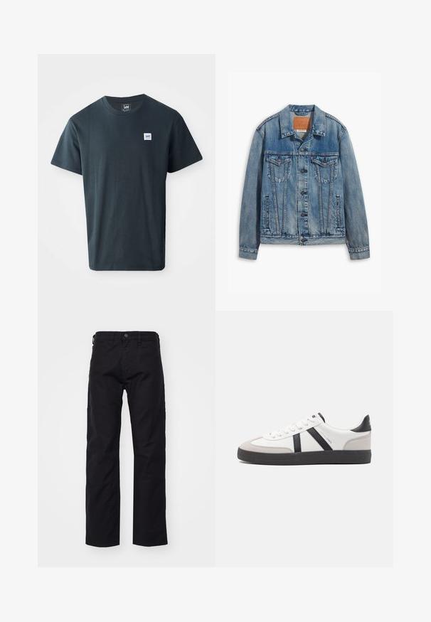 Chaqueta de mezclilla azul clara con un diseño clásico, cierre de botones, dos bolsillos en el pecho y un parche de cuero de la marca en el cuello.; Camiseta de algodón gris oscuro con un diseño de cuello redondo. Incluye una pequeña etiqueta rectangular azul y blanca en el lado izquierdo del pecho.; Pantalones de lona negros con un diseño de pierna recta, que cuentan con un cierre de botón en la parte frontal, trabillas para cinturón y bolsillos laterales. La textura es suave y duradera.; Zapatilla blanca con acentos en negro y gris, que presenta una puntera texturizada en gris, suela de goma negra y cordones planos blancos. Diseño limpio, estilo minimalista.