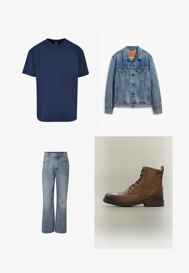 Lyseblå denimjakke med klassisk design, knaplukning, to brystlommer og en lædermærke ved kraven.; Marineblå bomulds T-shirt med rund halsudskæring og korte ærmer. Glat tekstur og afslappet pasform, velegnet til hverdagstøj.; Højtaljede blå denimjeans med vide ben, knaplukning foran, bæltestropper og lommer foran og bagpå.; Brun læderstøvle med snørebånd, sort tåhætte, rund sål og mærket detalje på siden mod ensfarvet baggrund.