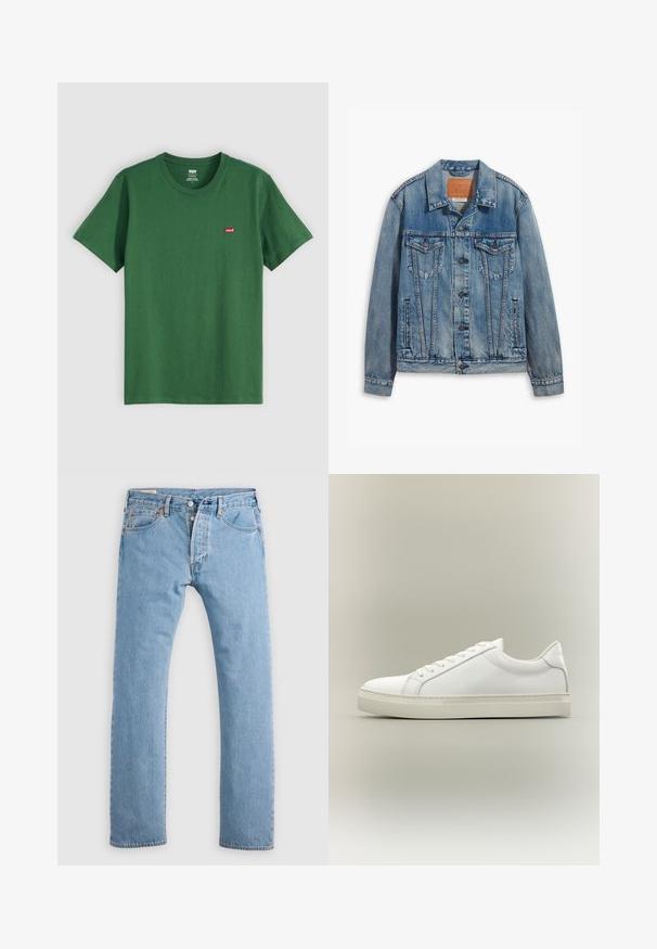 Lyseblå denimjakke med klassisk design, knaplukning, to brystlommer og en lædermærke ved kraven.; Grøn bomulds t-shirt med rund hals, korte ærmer og et lille rødt Levi's-logo på venstre bryst. Blød tekstur, standard pasform.; Lys blå lige ben denim jeans med knaplukning, bæltestropper og for- og baglommer, vist på en hvid baggrund.; Hvid lavtop sneaker med snørebånd foran og tyk sål, vist fra siden mod en neutral baggrund.