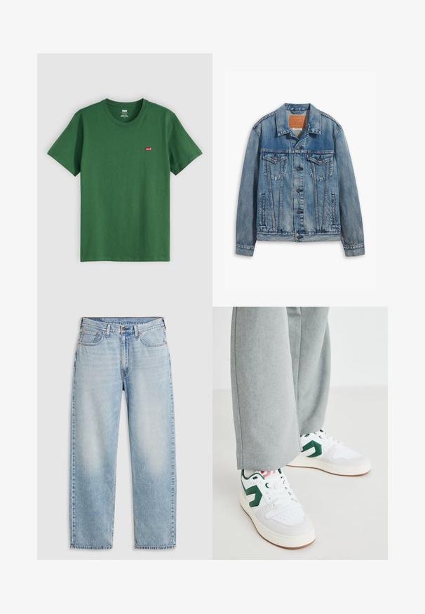 Lyseblå denimjakke med klassisk design, knaplukning, to brystlommer og en lædermærke ved kraven.; Grøn bomulds t-shirt med rund hals, korte ærmer og et lille rødt Levi's-logo på venstre bryst. Blød tekstur, standard pasform.; Lyseblå lige jeans med fem lommer, metalknaplukning og falmede detaljer ved lårene og knæene, lagt fladt på hvid baggrund.; Hvide og grønne sneakers med glat læder og ruskindsmaterialer, der har en fremtrædende grøn logo-accents og hvide snørebånd. Grå bukser er delvist synlige.