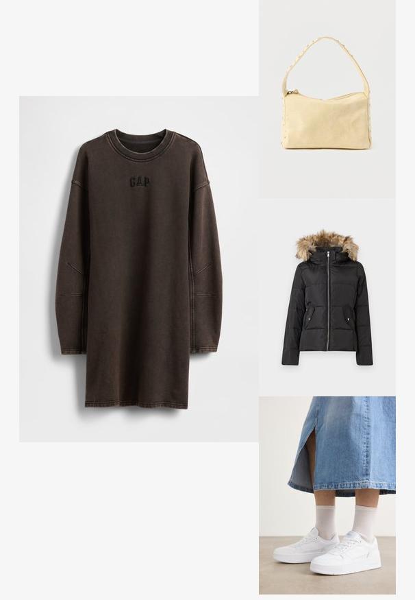 Sort pufferjakke med frontlynlås, to knaplukket lommer og hætte foret med brun kunstpels.; Brun oversized sweatshirt-kjole lavet af blødt materiale, med rund halsudskæring og broderet "GAP"-logo på brystet.; Hvide sneakers i struktureret læder med en platformssål, rund tå og snøresystem; parret med lys grå ankelsokker og en denim-nederdel.; Lille beige læderhåndtaske med en enkelt rem og sølvnitter langs kanterne og remmen, sat mod en ensfarvet baggrund.