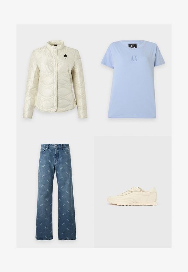 Witte doorgestikte jas met drukknoopsluiting, hoge kraag, subtiel golvend stikpatroon en een klein zwart-wit label op de borst.; Lichtblauw T-shirt met korte mouwen, ronde hals en een klein "AX"-logo in bijpassend blauw gecentreerd op de borst.; Lichtblauwe denim Jeans met een brede pijpenontwerp, met een herhaald 'lala' logo patroon in het wit en een klassieke vijf-pocket stijl.; Low-profile sneaker in crèmekleur met golvende stiksels, vetersluiting en een geribbelde zool, zijaanzicht tegen een effen achtergrond.