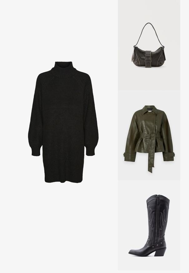 Oliven grøn læderjakke med bæltekant i taljen, brede ærmer og klassisk krave. Den har en glat, blank overflade og skræddersyet design.; Sort striktrøje kjole med høj ribbet krave, raglanærmer og tekstureret stof. Løs pasform med manchetærmer og lige kant.; Sorte cowboystøvler i læder med spids tå, synlige sømme, sølvfarvede nitte-detaljer og lynlås på den indvendige side.; Sort læder skuldertaske med spænde på remmen, afrundede kanter og kontrasterende hvide syninger på en ensfarvet baggrund.