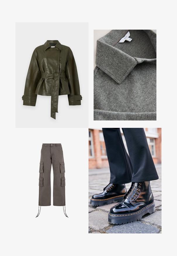 Chaqueta de cuero de color verde oliva con cintura ceñida, mangas anchas y un collar clásico. Presenta una textura suave y brillante y un diseño ajustado.; Camisa gris con cuello, confeccionada en un tejido de punto texturizado, que presenta un cuello doblado y detalles visibles de costuras a lo largo de los bordes.; Pantalones cargo en gris oscuro, hechos de tela resistente. Con seis bolsillos, piernas anchas y cordones ajustables en el dobladillo.; Botas anatómicas de charol negro con una suela de goma gruesa, cremallera lateral, herrajes dorados y detalle de costura amarilla en contraste.