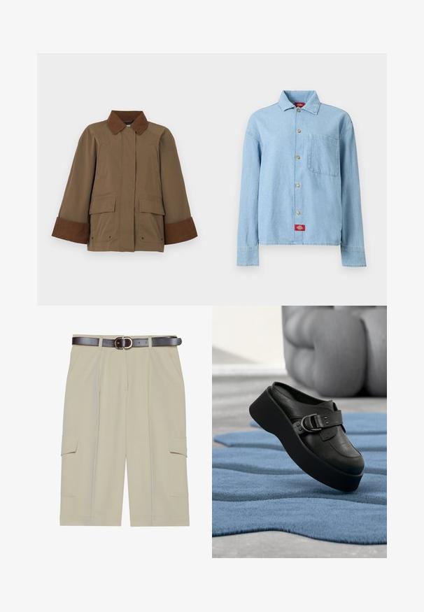 Veste marron avec col et poignets en velours côtelé, poches avant, et coupe droite. Confectionnée en tissu texturé, avec ouverture sur le devant.; Chemise en denim bleu clair à manches longues, boutons sur le devant, une poche poitrine, et une étiquette logo rouge près de l'ourlet inférieur.; Shorts cargo beige avec une coupe décontractée, dotés de deux poches latérales et d'une ceinture marron avec une boucle ronde, texture de tissu lisse.; Mule plateforme en cuir noir avec un grand détail de boucle reposant sur un tapis bleu texturé et ondulé, avec un arrière-plan gris flou.