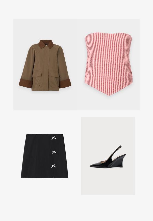Brun jakke med en manchet og krave i kordsbomuld, forlommer og et design med lige skæring. Fremstillet af tekstureret stof med åben front.; Stropfri, lyserød og beige tube top med lodrette striber og spids kant foran.; Sort miniskørtes med en glat tekstur, prydet med hvide krydste bånd på venstre side. Enkel design med lige snit.; Sort laklæder kilehæl med slingback, spids tå og slank justerbar ankelstrop med spænde.