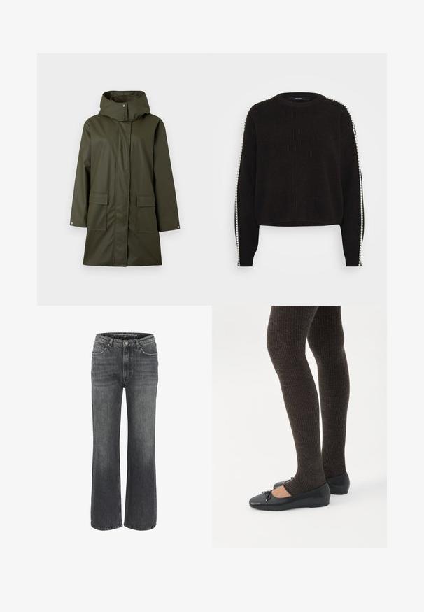 Imperméable vert foncé à capuche avec manches longues, poches à rabat à l'avant, boutons-pression argentés aux poignets et à la fermeture du col, coupe mi-longue.; Pull noir en tricot avec un col rond, présentant des rayures blanches le long des manches et un tissu texturé. Longueur cropped et coupe décontractée.; Jeans larges en denim gris foncé, présentant un design classique à cinq poches, des coutures décoratives et une fermeture à bouton à la taille.; Jambes portant des leggings côtelés foncés associés à des ballerines noires avec de petits détails en nœud sur fond blanc.