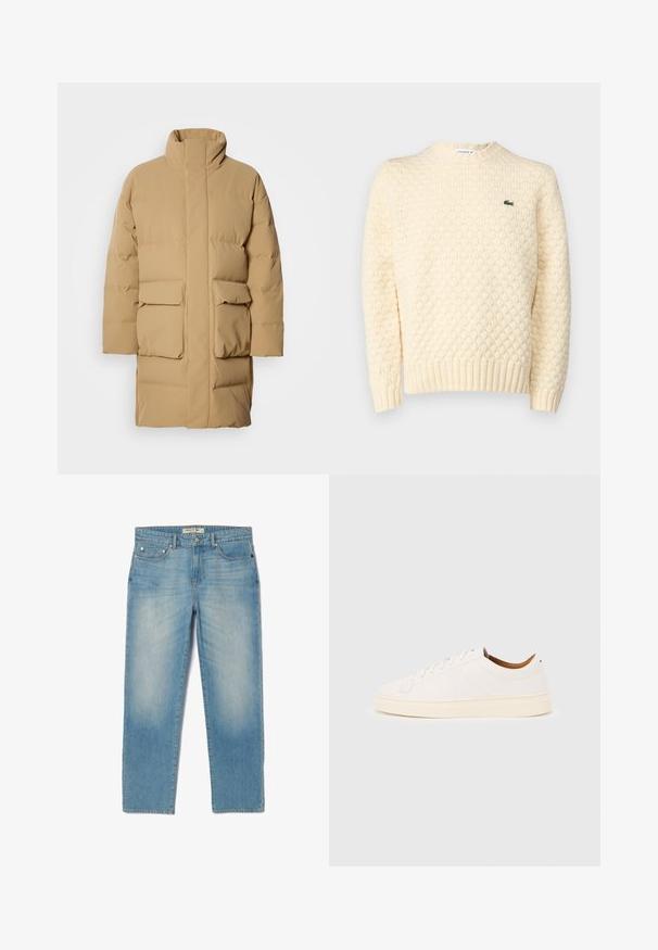 Beige pufferjakke med høj krave, to forlommer og en glat stofstruktur. Har en lige pasform og minimalistisk design.; Cremefarvet striktrøje med et struktureret diamantmønster, ribbede manchetter og kant; inkluderer et lille grønt Lacoste-logo på brystet.; Lyseblå denimjeans med lige ben-design, fem lommer og en let falmet vask. Har sølvhardware og et mærket bånd.; Hvid lavtop-sneakers med snørelukning, minimale syningsdetaljer og en cremefarvet sål på en lysegrå baggrund.