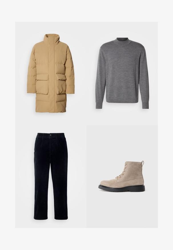 Beige puffer jakki kõrge kaelusega, kahte esist taskut ja sileda kangast tekstuuriga. Omab sirget lõike ja minimalistikku disaini.; Hall kasutakse halli pika varrukaga sviitrit, mis on valmistatud kudumisest, omades mock necki ning diskreetset logo rinnal. Sile tekstuur ja õhuke disain.; Tumedast sinised korduroy püksid sirge jala lõikega, millel on nupuga kinnistus ja peen vertikaalne ribakujundus.; Bež nubukist rinna saapad musta kummist tallaga, nöörimise disainiga, väikese logoga embossinguga küljel ning tagaküljel tõmbeasa.