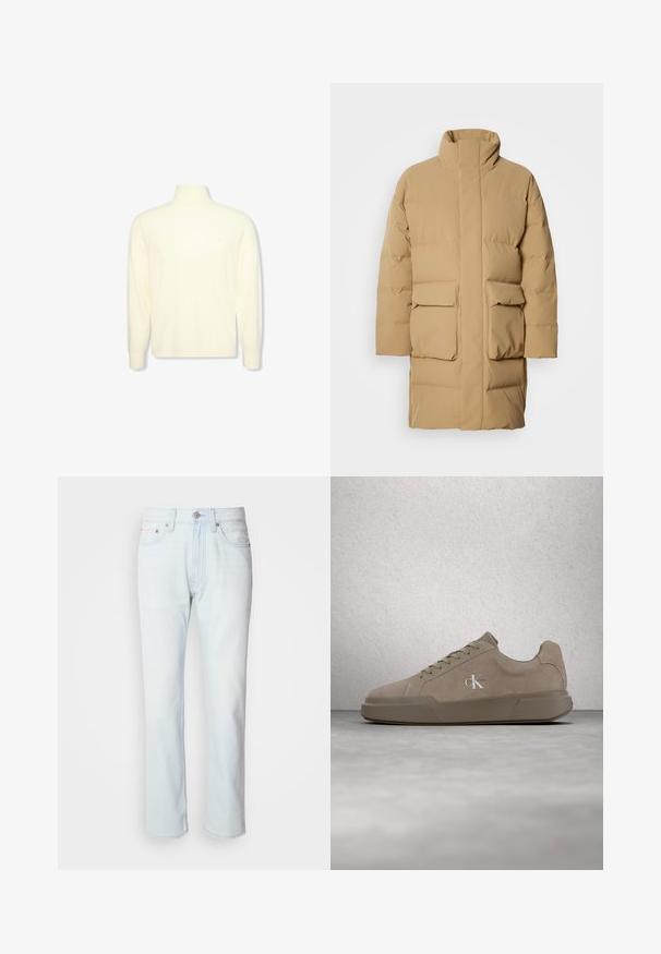 Abrigo de plumas beige con cuello alto, dos bolsillos de parche en la parte delantera y una textura de tela suave. Presenta un corte recto y un diseño minimalista.; Suéter cuello alto de manga larga color crema con puños acanalados y un sutil logo en el pecho, mostrado sobre un fondo blanco liso.; Jeans de mezclilla azul claro con corte recto. Cuentan con un cierre de botón y pasadores para cinturón, mostrando una textura desgastada y costuras mínimas.; Zapatilla de gamuza beige con cordones y logotipo "ck", mostrada flotando sobre un suelo de hormigón pulido con una pared de bloques de vidrio al fondo.