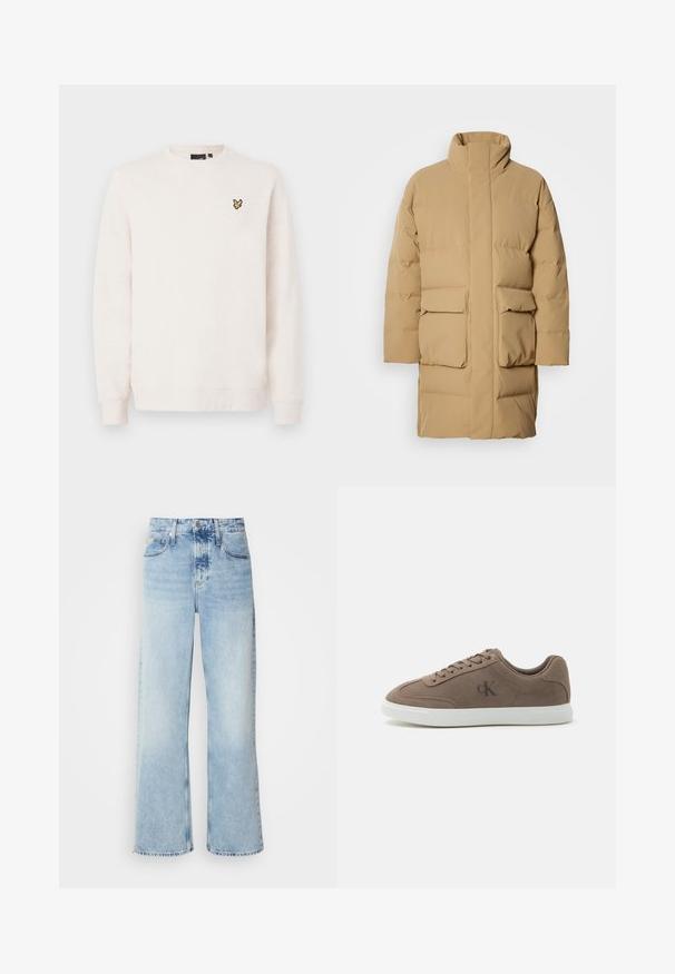 Beige puffer jakki kõrge kaelusega, kahte esist taskut ja sileda kangast tekstuuriga. Omab sirget lõike ja minimalistikku disaini.; Kreemikas pikkade varrukatega ümara kaelusega dressipluus, millel vasakul rinnal väike kollane ja must linnu logo.; Heled sinine laia säärega teksapüksid kõrge vöökohaga, millel on tuhm viimistlus, vööaugud ja klassikaline viie tasku disain. Säär on toor.; Taupe värvi seemisnahast madala lõikega tossud beežide paelte, valge kummist tallaga ja tagasihoidliku "cK" logoga küljel.