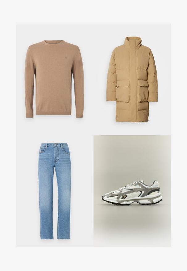 Beige pufferjakke med høj krave, to forlommer og en glat stofstruktur. Har en lige pasform og minimalistisk design.; Beige strikket sweater med rund hals, lange ærmer og et lille logo på brystet. Har ribbede manchetter og kant for en tætsiddende pasform.; Lys blå denim jeans med lige ben design, knaplukning, fem-lomme stil og subtilt falmet tekstur. Klassisk jean silhuet.; Sportssko med en hvid mesh-overdel, grå accenter, sort gummisål og et strømlinet design. Har snørebånd og strukturerede detaljer.