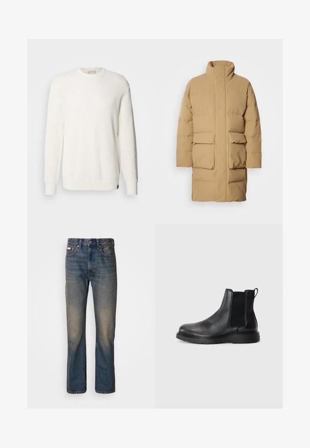 Bežová nafukovačka s vysokým golierom, dvoma prednými vreckami a hladkou textúrou látky. Má rovný strih a minimalistický design.; Calvin Klein Jeans CREW - Svetrík - tofu; Džínsy s vysokým pásom v modrej farbe, vyrobené z denimového materiálu, s rovnými nohavicami, s bledými poškodenými miestami a tradičným štýlom piatich vreciek.; Čierne kožené chelsea čižmy s textúrovaným povrchom, elastickými bočnými panelmi a pevným gumovým podpätkom. Diskrétny branding na päte.