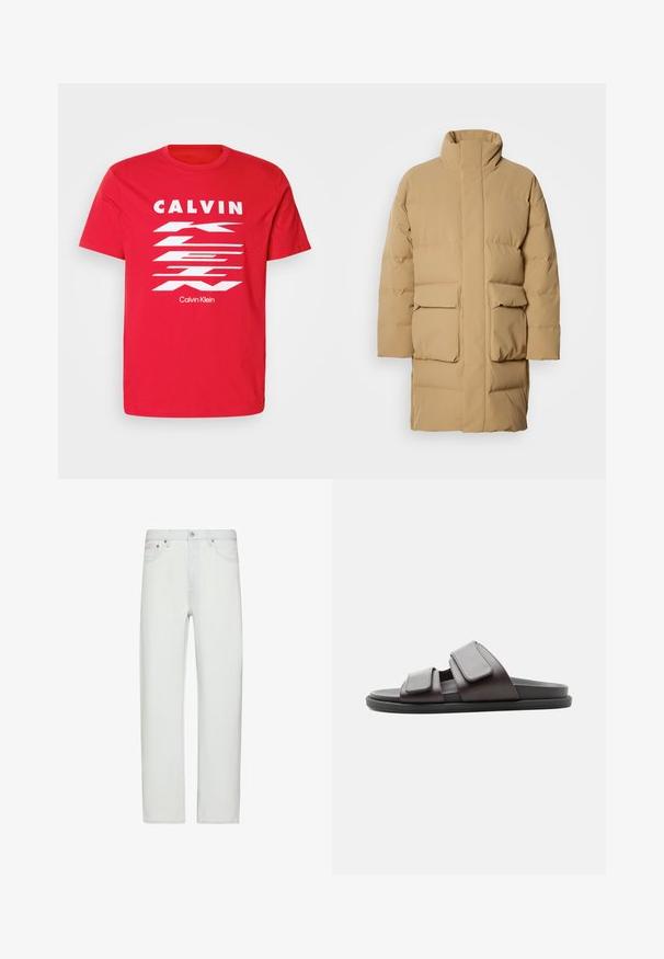 Beige puffer jakki kõrge kaelusega, kahte esist taskut ja sileda kangast tekstuuriga. Omab sirget lõike ja minimalistikku disaini.; Punane puuvillane T-särk, kus on silmapaistev valge tekst "CALVIN KLEIN" ja diagonaalne triibuline muster. Lühikesed varrukad ja ümar kaelus.; Valged kõrge vöökohaga sirge säärega teksapüksid, ees nuppude ja tõmblukuga kinnitusega, vööaasadega ja esitaskutega.; Tumepruun liugjalanõu kahe laiendatava takjakinnitusega rihmaga ja musta tallaga, esitatud valgel taustal küljelt vaadatuna.
