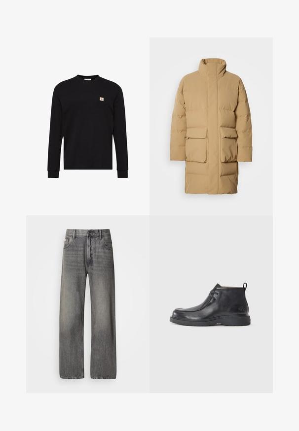 Abrigo de plumas beige con cuello alto, dos bolsillos de parche en la parte delantera y una textura de tela suave. Presenta un corte recto y un diseño minimalista.; Jersey negro de manga larga con cuello redondo y pequeño parche del logo CK beige y rojo en el pecho izquierdo.; Jeans de pierna ancha en denim gris oscuro con acabado descolorido. Cuenta con el diseño clásico de cinco bolsillos y trabillas para cinturón.; Botas de cuero negras hasta el tobillo con punta redondeada, diseño con cordones y una lengüeta en la parte trasera. Parte superior texturizada y suela de goma.