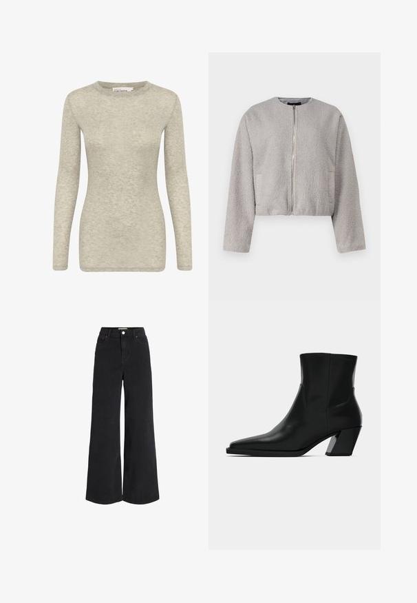 Veste grise courte en tissu doux et texturé, avec un col rond, une fermeture éclair à l'avant et deux poches latérales.; T-shirt à manches longues en gris clair, fabriqué dans un tissu doux et texturé. Il présente un col rond et une silhouette ajustée. Conception simple et polyvalente.; Jean en denim noir à jambes larges avec design à cinq poches, taille haute et fermeture à bouton. Présente des coutures discrètes et une finition soignée.; Bottine en cuir noir avec un bout pointu, une silhouette élégante et un talon carré massif. Texture lisse avec des détails de couture minimalistes.