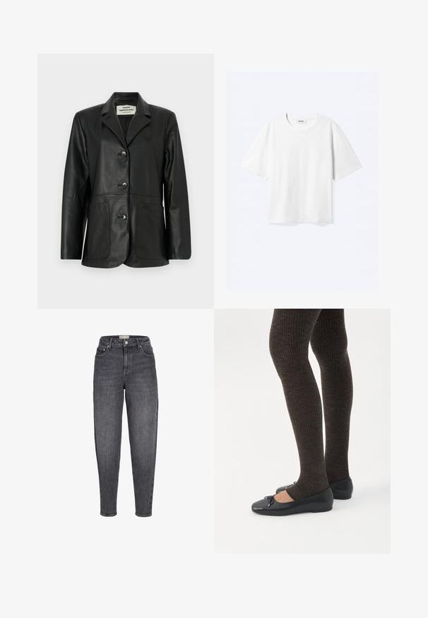 Blazer de cuero negro con solapas con muesca, cierre frontal de tres botones, dos grandes bolsillos delanteros y mangas largas, etiquetado como Mads Nørgaard Copenhagen.; Camiseta blanca de manga corta con cuello redondo y dobladillo recto, con etiqueta de la marca "WEEKDAY" dentro del escote.; Vaqueros de corte ajustado, de talle alto, lavados en negro, con bolsillos delanteros, trabillas para cinturón y cierre de botón.; Piernas con leggings oscuros acanalados combinados con bailarinas negras que presentan pequeños detalles de lazo sobre un fondo blanco.